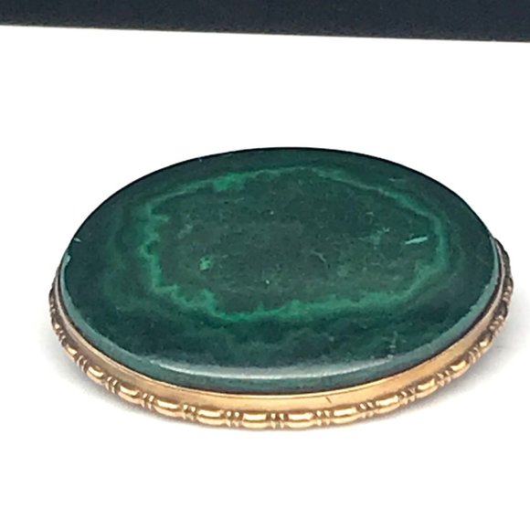 Jewelry - Vintage Malachite Stone Brooch set in 10K Yellow Gold Ornate Frame, Boho Chic